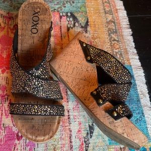 XOXO BELICIA STUDS Bling Studded Cork Wedge Sandal SZ. 8.5